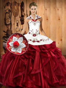 Sleeveless Floor Length Embroidery and Ruffles Lace Up Quinceanera Dresses with Wine Red