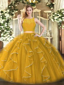 Gold Scoop Zipper Lace and Ruffles Quince Ball Gowns Sleeveless