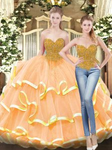 Floor Length Lace Up Quinceanera Dresses Peach for Military Ball and Sweet 16 and Quinceanera with Beading and Ruffled Layers