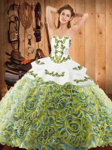 Attractive Multi-color Satin and Fabric With Rolling Flowers Lace Up Military Ball Gowns Sleeveless With Train Sweep Train Embroidery