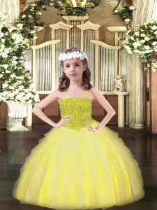 Floor Length Lace Up Pageant Gowns For Girls Yellow for Party and Quinceanera with Beading and Ruffles