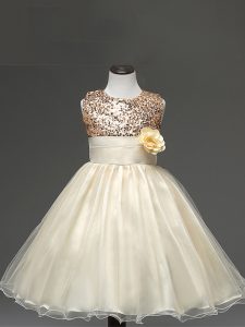 Champagne Ball Gowns Sequins and Hand Made Flower Pageant Dress Wholesale Zipper Tulle Sleeveless Knee Length