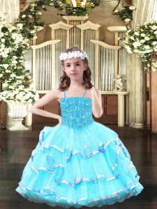 Aqua Blue Ball Gowns Spaghetti Straps Sleeveless Organza Floor Length Lace Up Beading and Ruffled Layers Pageant Dress