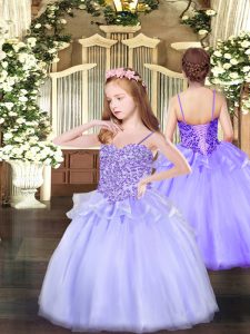 Lavender Ball Gowns Spaghetti Straps Sleeveless Organza Floor Length Lace Up Appliques Pageant Gowns