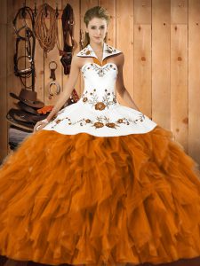 Dramatic Embroidery and Ruffles Sweet 16 Dress Orange Red Lace Up Sleeveless Floor Length