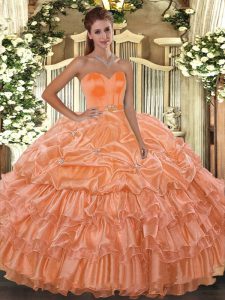 Sleeveless Floor Length Beading and Ruffled Layers Lace Up Quinceanera Gowns with Orange