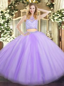 Chic Scoop Sleeveless Tulle Quince Ball Gowns Beading Zipper