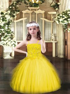 Yellow Tulle Lace Up Spaghetti Straps Sleeveless Floor Length Winning Pageant Gowns Beading and Ruffles