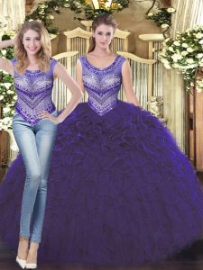 Deluxe Beading and Ruffles Quince Ball Gowns Purple Lace Up Sleeveless Floor Length