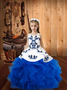 Super Floor Length Blue Pageant Dresses Organza Sleeveless Embroidery and Ruffles