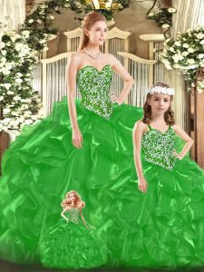 On Sale Sleeveless Tulle Floor Length Lace Up Sweet 16 Quinceanera Dress in Green with Beading and Ruffles and Bowknot