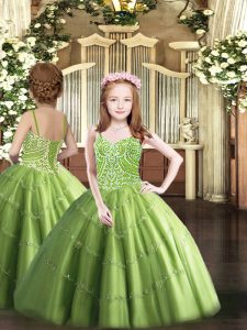 Lovely Olive Green Straps Lace Up Beading Little Girls Pageant Dress Wholesale Sleeveless