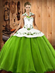 Glorious Lace Up Halter Top Embroidery Ball Gown Prom Dress Satin and Tulle Sleeveless