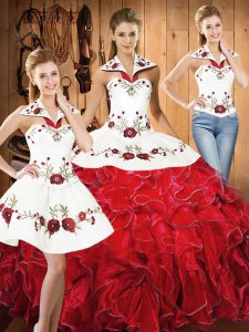 Suitable Floor Length Lace Up 15th Birthday Dress White And Red for Military Ball and Sweet 16 and Quinceanera with Embroidery and Ruffles
