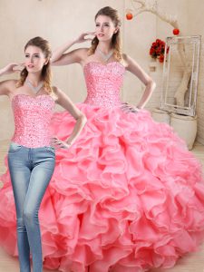 Super Watermelon Red Sleeveless Beading and Ruffles Floor Length Quinceanera Gowns