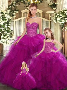 Fabulous Fuchsia Lace Up Vestidos de Quinceanera Beading and Ruffles Sleeveless Floor Length