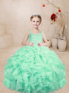 Sleeveless Floor Length Beading and Ruffles Lace Up Pageant Dress Wholesale with Apple Green