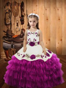New Arrival Fuchsia Straps Lace Up Embroidery and Ruffled Layers Little Girls Pageant Dress Sleeveless