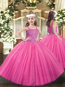 Dazzling Hot Pink Lace Up Pageant Dress for Teens Beading Sleeveless Floor Length