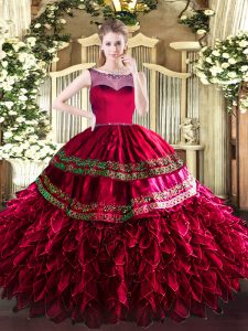 Captivating Coral Red Ball Gowns Organza Scoop Sleeveless Beading and Ruffles Floor Length Zipper Sweet 16 Dresses