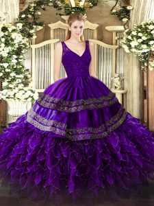 Clearance Purple Sleeveless Organza Zipper Military Ball Gown for Sweet 16 and Quinceanera