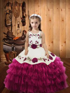 Fuchsia Ball Gowns Embroidery and Ruffled Layers Pageant Dress for Teens Lace Up Organza Sleeveless Floor Length