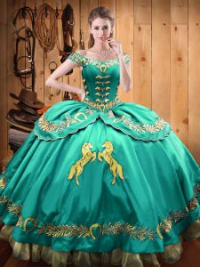 Luxury Turquoise Off The Shoulder Lace Up Beading and Embroidery Ball Gown Prom Dress Sleeveless