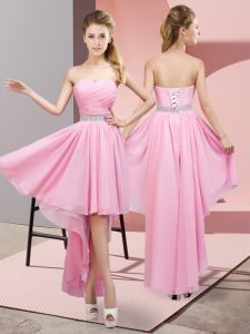 Flirting Pink Sleeveless High Low Beading Lace Up Quinceanera Court of Honor Dress