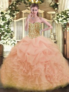 Sleeveless Floor Length Beading and Ruffles Lace Up 15 Quinceanera Dress with Peach