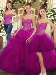Decent Fuchsia Three Pieces Beading and Ruffles Quince Ball Gowns Lace Up Organza Sleeveless Floor Length