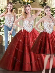 Top Selling Scoop Sleeveless 15 Quinceanera Dress Floor Length Beading Wine Red Tulle