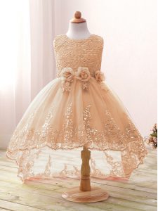 Champagne Zipper Scoop Lace and Bowknot and Hand Made Flower Pageant Dresses Tulle Sleeveless