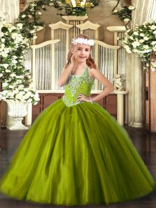 Sleeveless Tulle Floor Length Lace Up Glitz Pageant Dress in Olive Green with Beading