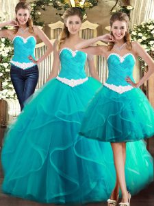 Trendy Turquoise Sleeveless Tulle Lace Up Quince Ball Gowns for Military Ball and Sweet 16 and Quinceanera