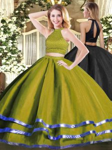 Olive Green Two Pieces Halter Top Sleeveless Tulle Floor Length Backless Beading Sweet 16 Dresses