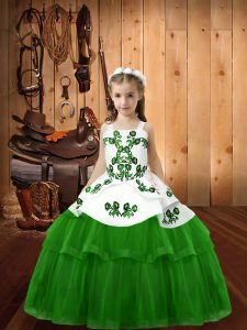 Ball Gowns Tulle Straps Sleeveless Embroidery Floor Length Lace Up Kids Formal Wear