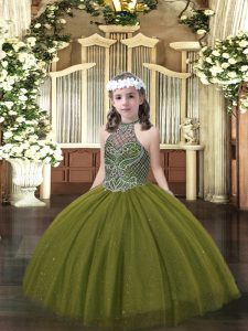 Stunning Floor Length Olive Green Pageant Dresses Tulle Sleeveless Beading