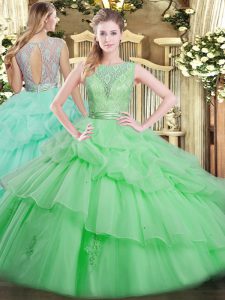 Inexpensive Floor Length Apple Green Sweet 16 Quinceanera Dress Tulle Sleeveless Beading and Ruffled Layers