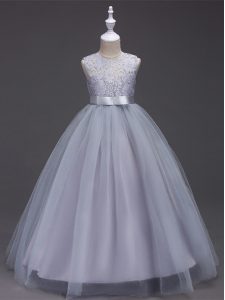 Graceful Floor Length Grey Kids Pageant Dress Tulle Sleeveless Lace