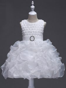 Modern Organza Scoop Sleeveless Lace Up Ruffles and Belt Pageant Dress Womens in White