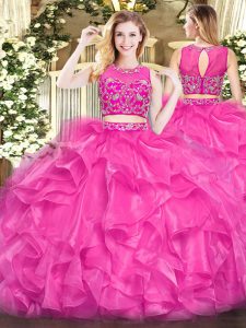 Floor Length Hot Pink 15 Quinceanera Dress Tulle Sleeveless Beading and Ruffles