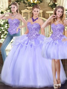Wonderful Lavender Sweetheart Neckline Appliques and Ruffles Quince Ball Gowns Sleeveless Zipper