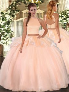 Custom Design Halter Top Sleeveless Backless Sweet 16 Dress Peach Organza