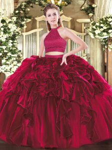 Super Beading and Ruffles Ball Gown Prom Dress Fuchsia Backless Sleeveless Floor Length