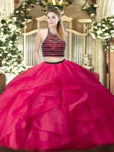 Unique Floor Length Zipper Sweet 16 Dresses Hot Pink for Military Ball and Sweet 16 and Quinceanera with Beading and Ruffles