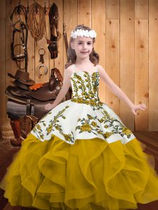 Gold Pageant Dress Womens Sweet 16 and Quinceanera with Embroidery and Ruffles Straps Sleeveless Lace Up