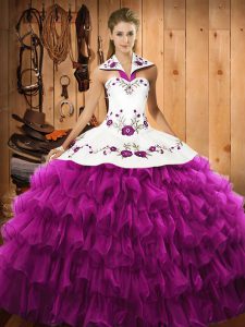 Most Popular Satin and Organza Halter Top Sleeveless Lace Up Embroidery and Ruffled Layers Vestidos de Quinceanera in Fuchsia