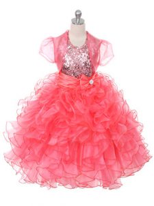 Customized Coral Red Sleeveless Floor Length Ruffles and Sequins and Bowknot Lace Up Little Girls Pageant Dress