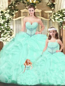 Aqua Blue Lace Up Sweetheart Beading and Ruffles Quinceanera Gown Tulle Sleeveless