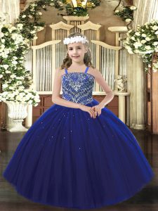 Floor Length Royal Blue Pageant Dress Wholesale Tulle Sleeveless Beading